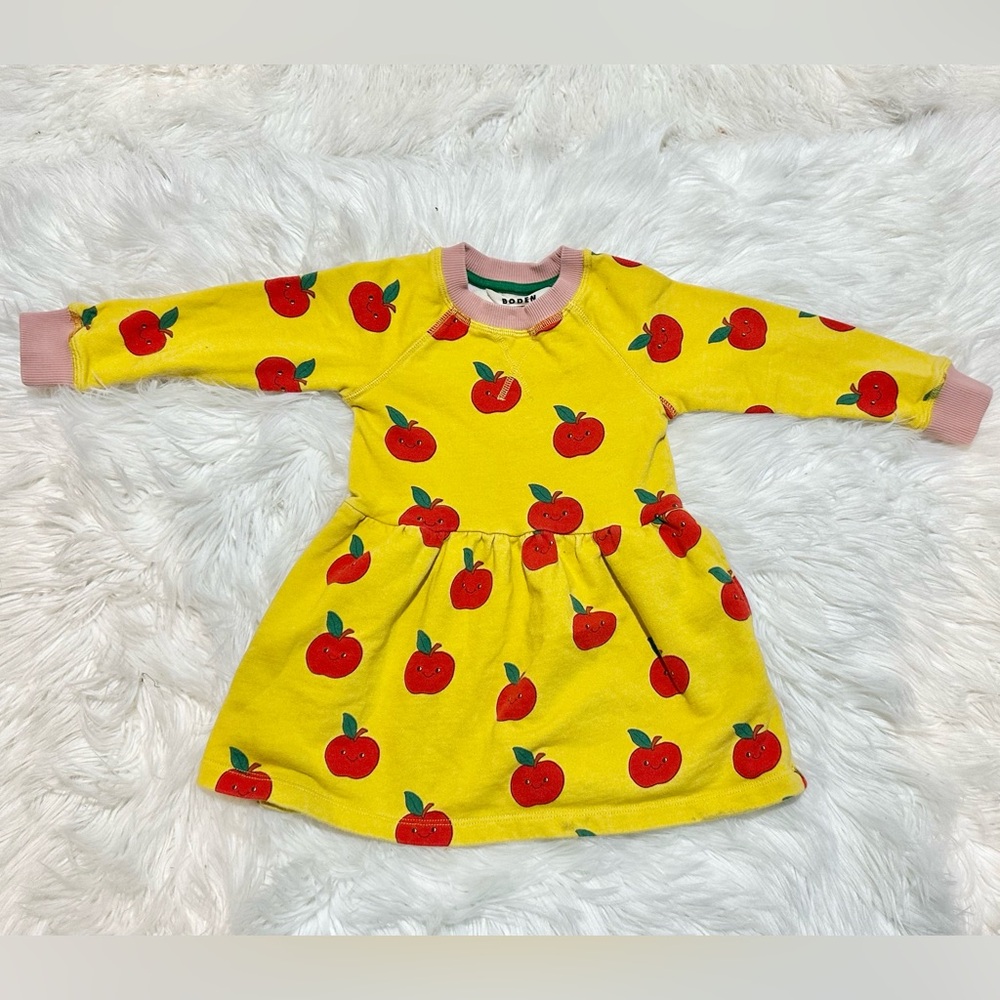 Mini Boden Yellow Red Apple Print Long Sleeve Dress 2-3Y - Picture 2 of 12